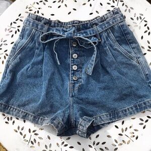 Abercrombie And Fitch Button Up Waist Tie Blue Denim Paperbag Jean Shorts